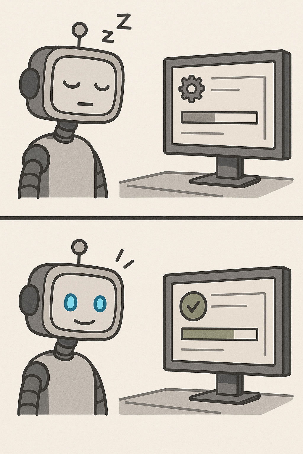 AI agent sleeping and then waking up to check system status - illustrating the transition from passive to active AI monitoring